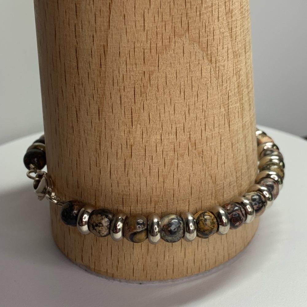 Vintage Sterling Silver & Leopard Jasper 6MM Beaded Bracelet 7-1/2” Long - Picture 3 of 16